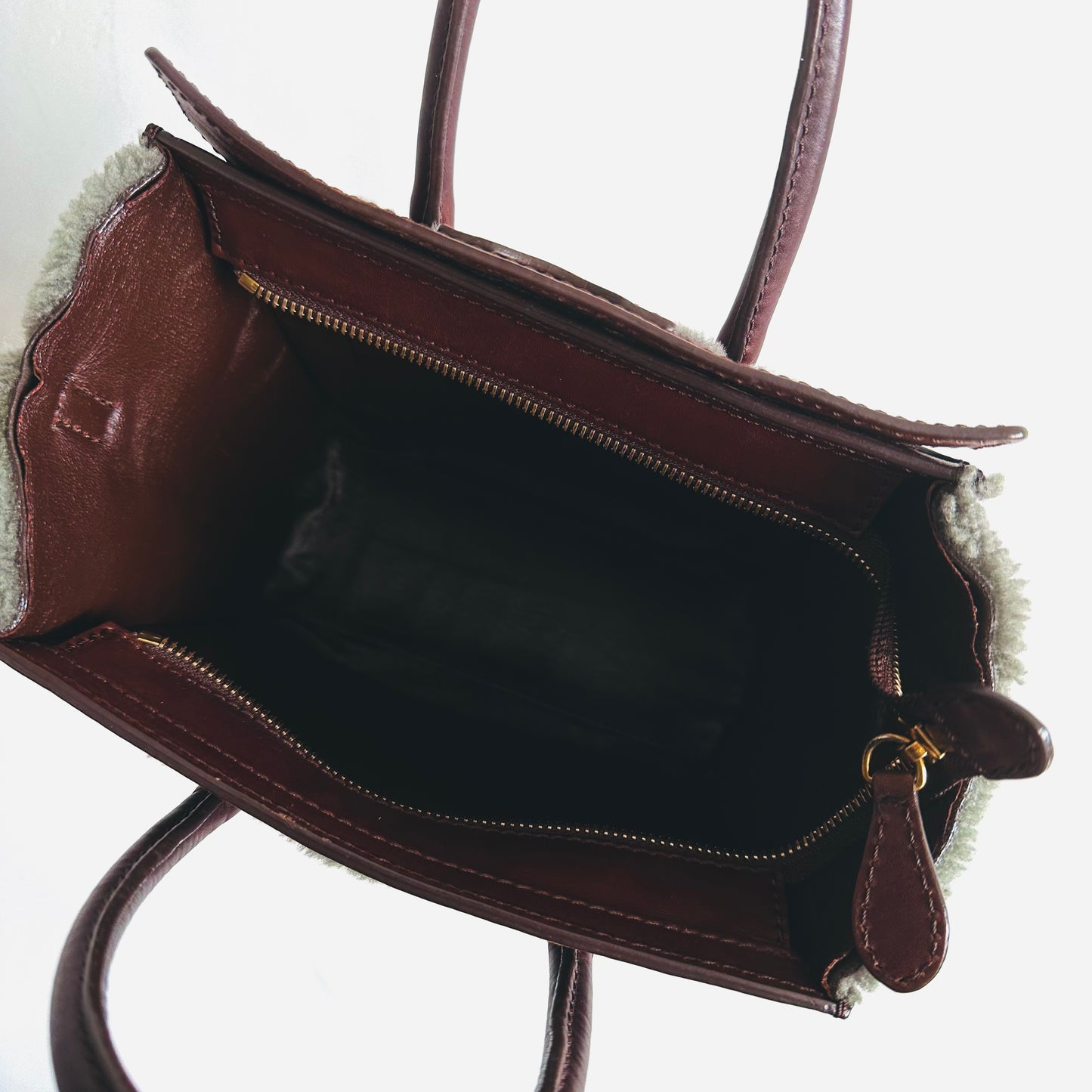 Celine Nano Luggage Smooth Leather Mouton Furry Terry Teddy GHW Monogram Logo Top Handle Shoulder Sling Bag