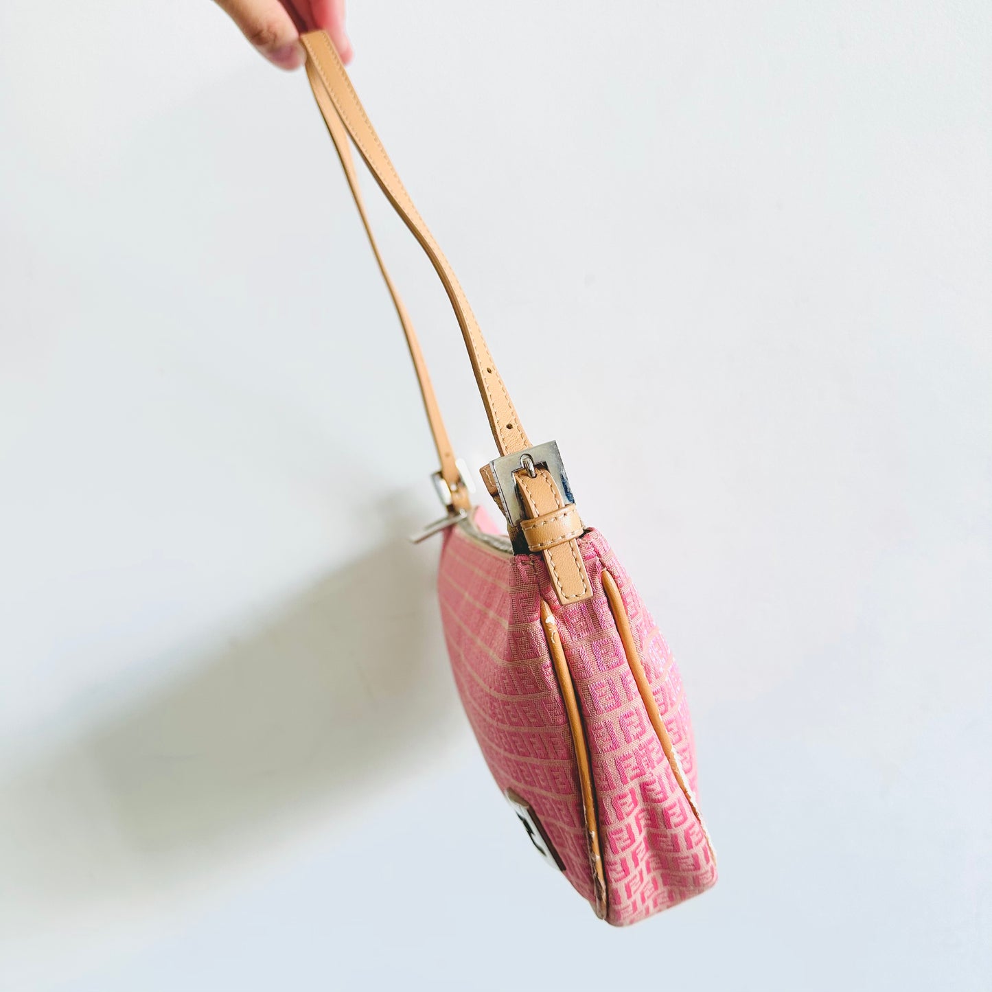 Fendi Pink Zucca FF Monogram Logo Hobo Baguette Pochette Shoulder Bag
