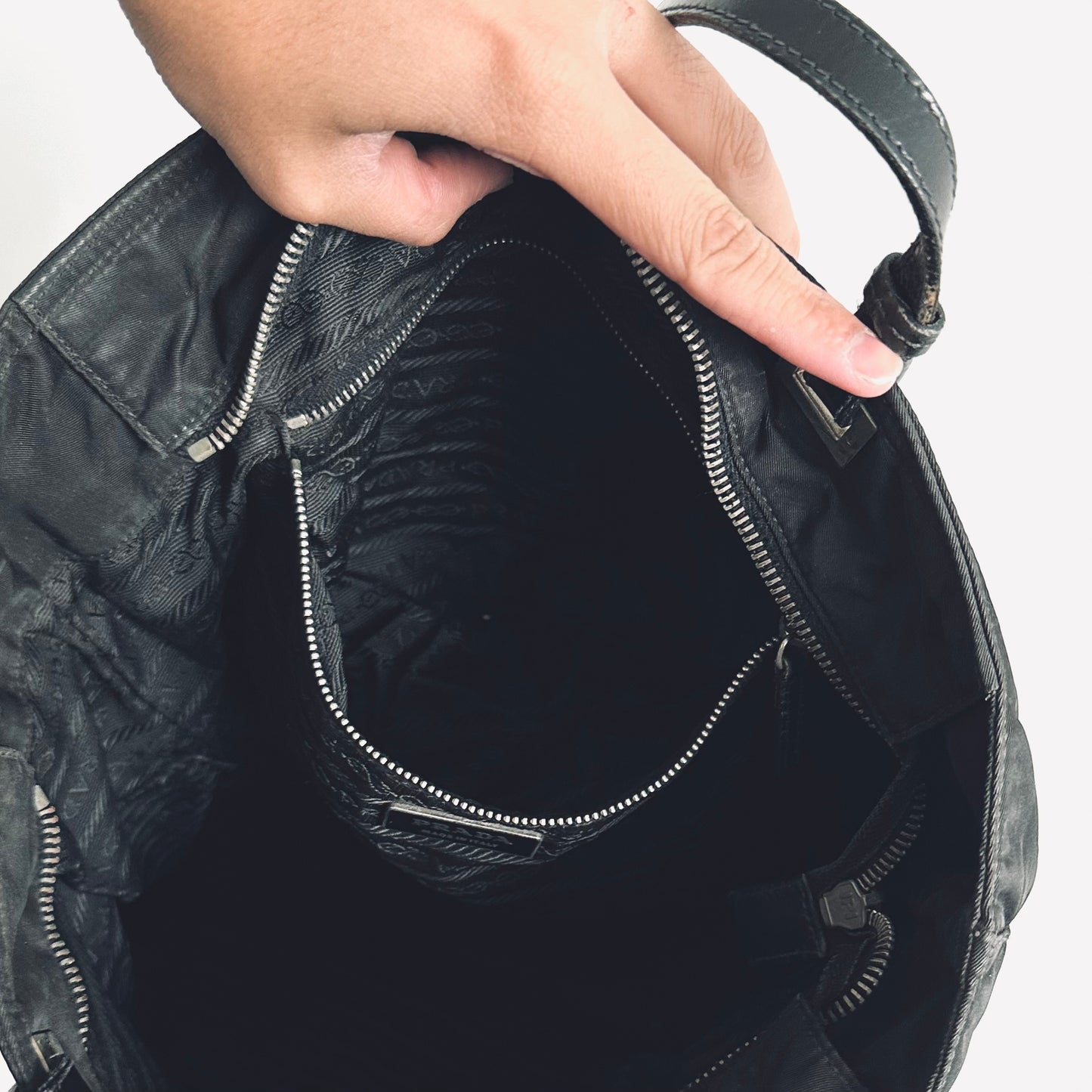 Prada Black Acciaio Tessuto Logo Classic Nylon & Leather Shopper Shoulder Tote Bag