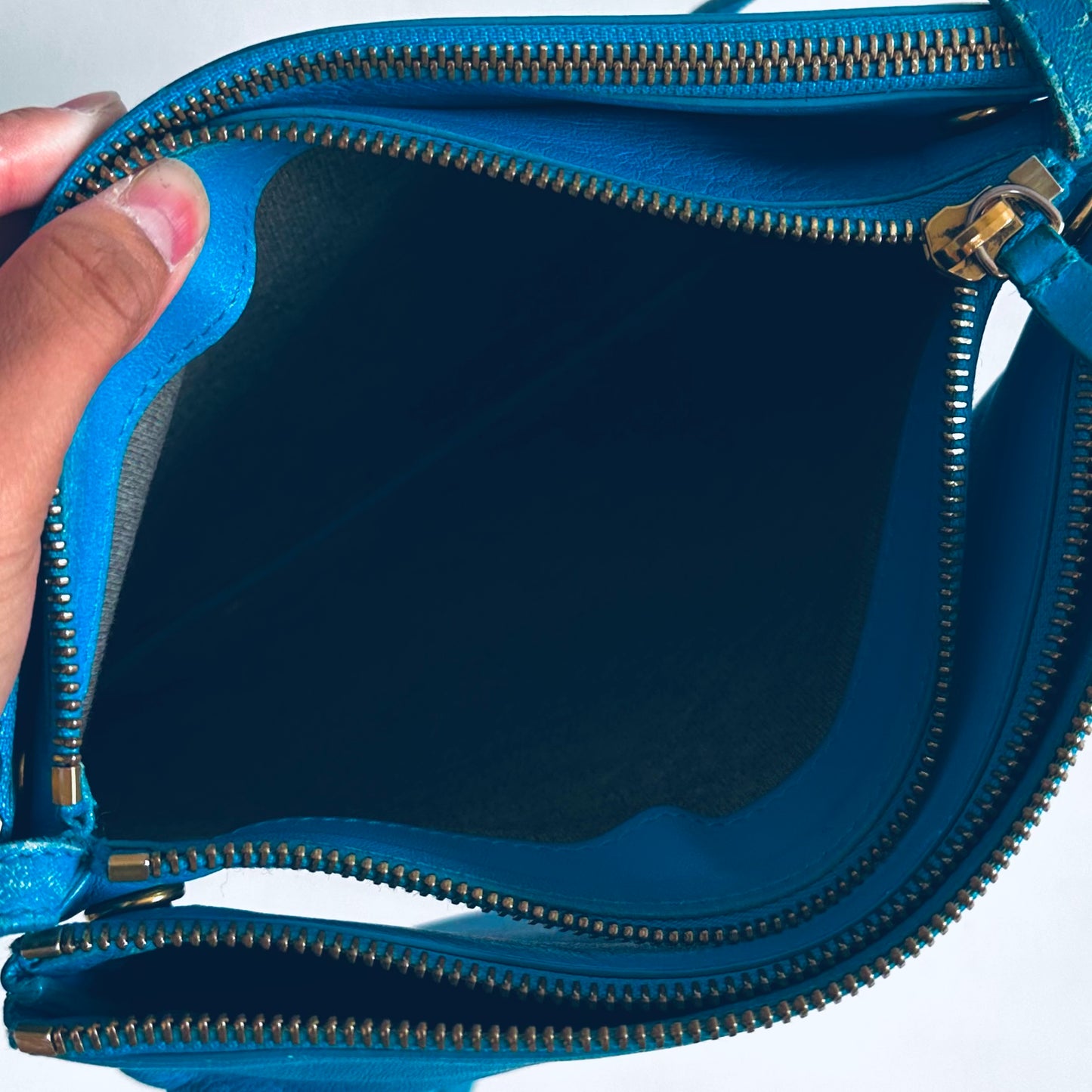 Celine Turquoise Blue GHW Large Trio Logo Shoulder Sling Bag / Pouch Clutch Case