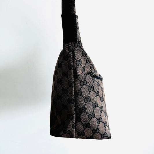 Gucci Black / Dark Brown GG Monogram Logo Hobo Baguette Shoulder Bag