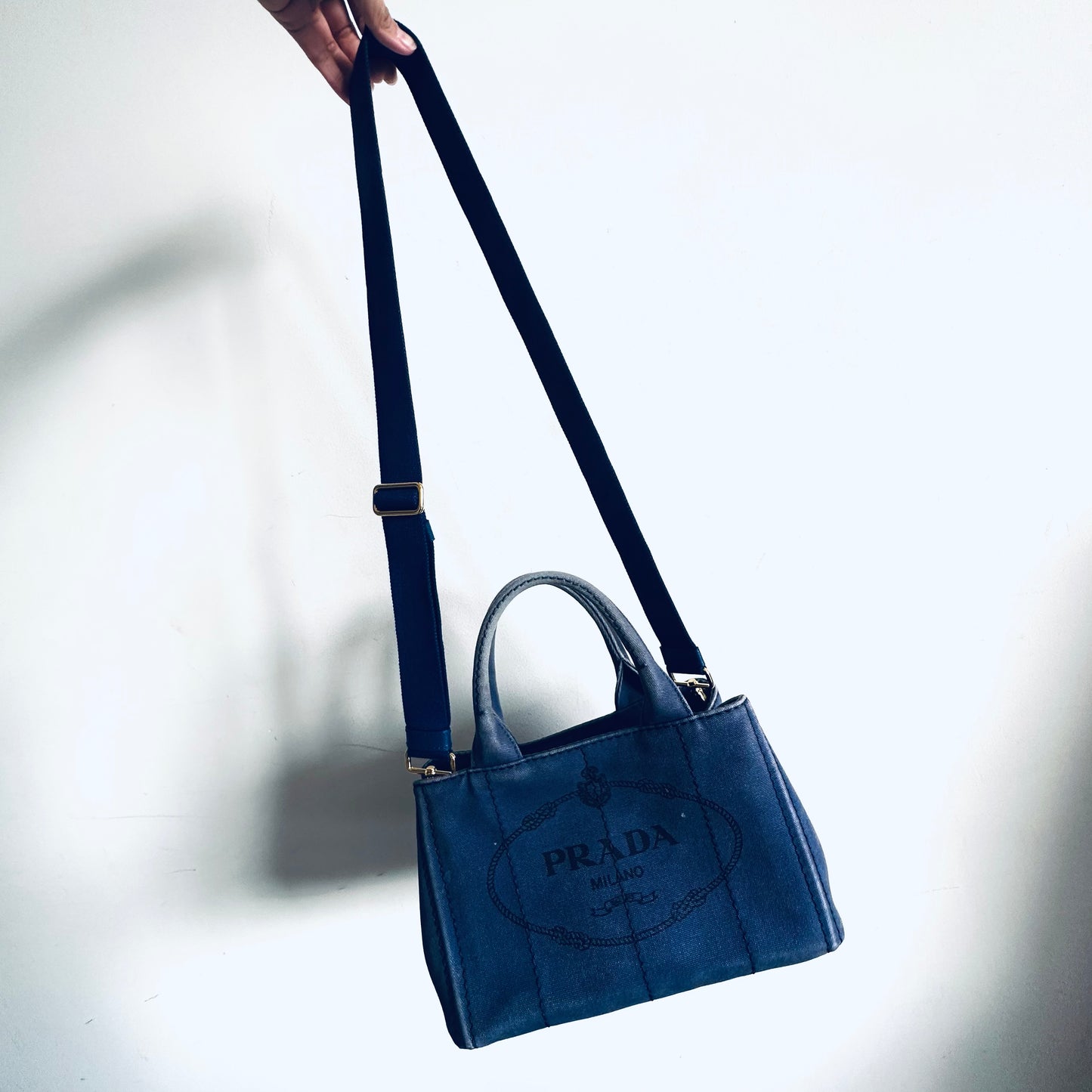 Prada Dark Blue GHW Small Canapa Classic Logo 2-Way Structured Shopper Shoulder Sling Tote Bag