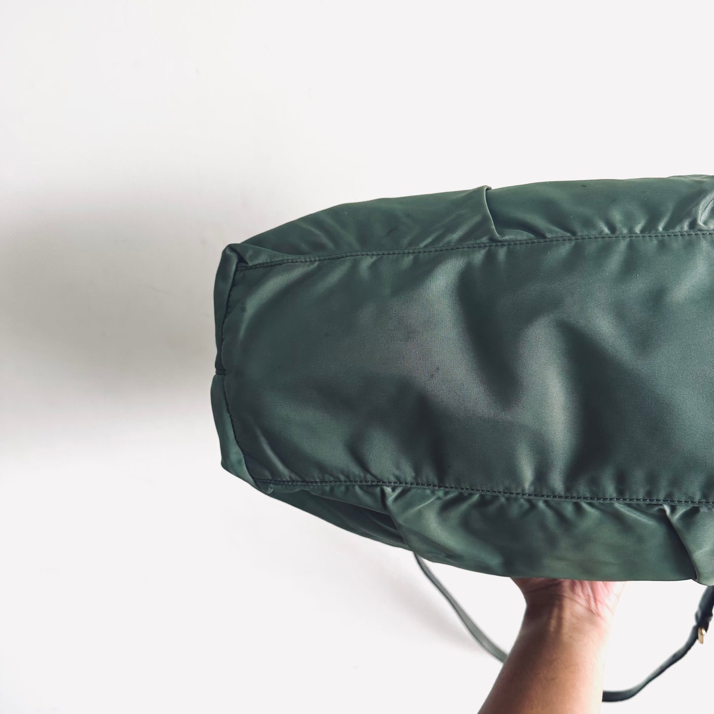 Prada Sage Green Ardesia GHW Bow Ruched Tessuto Classic Logo Nylon & Leather 2-Way Shoulder Sling Shopper Tote Bag