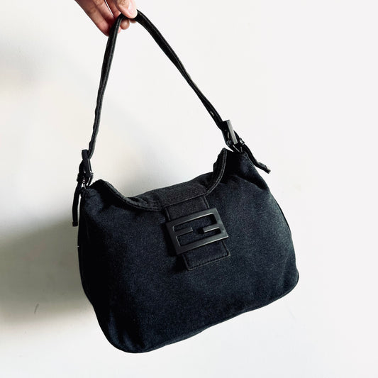 Fendi Dark Grey FF Logo Wool Baguette Hobo Mamma Pochette Small Shoulder Flap Bag