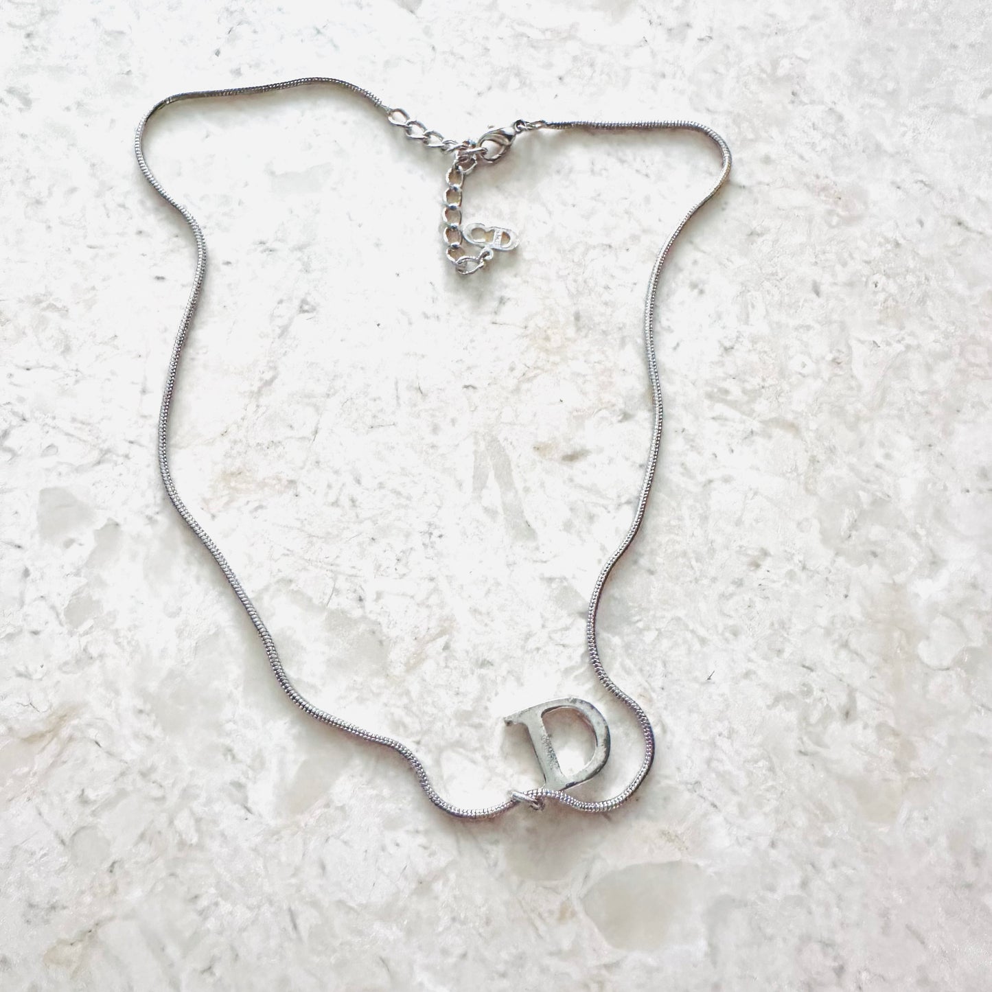 Christian Dior CD Giant Monogram Logo Signature Silver Vintage Pendant Necklace