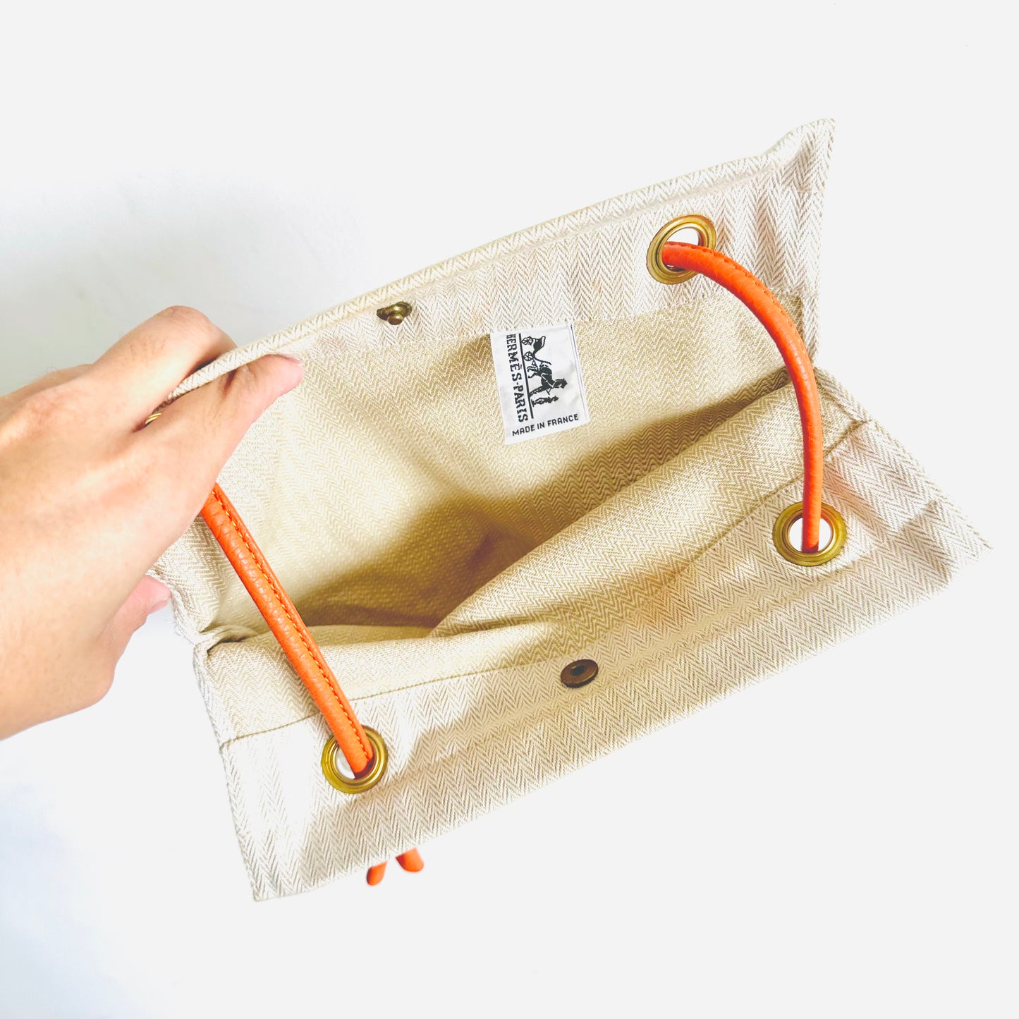 Hermes Aline PM White Toile & Orange Leather Grooming Sellier Shoulder Sling Bag