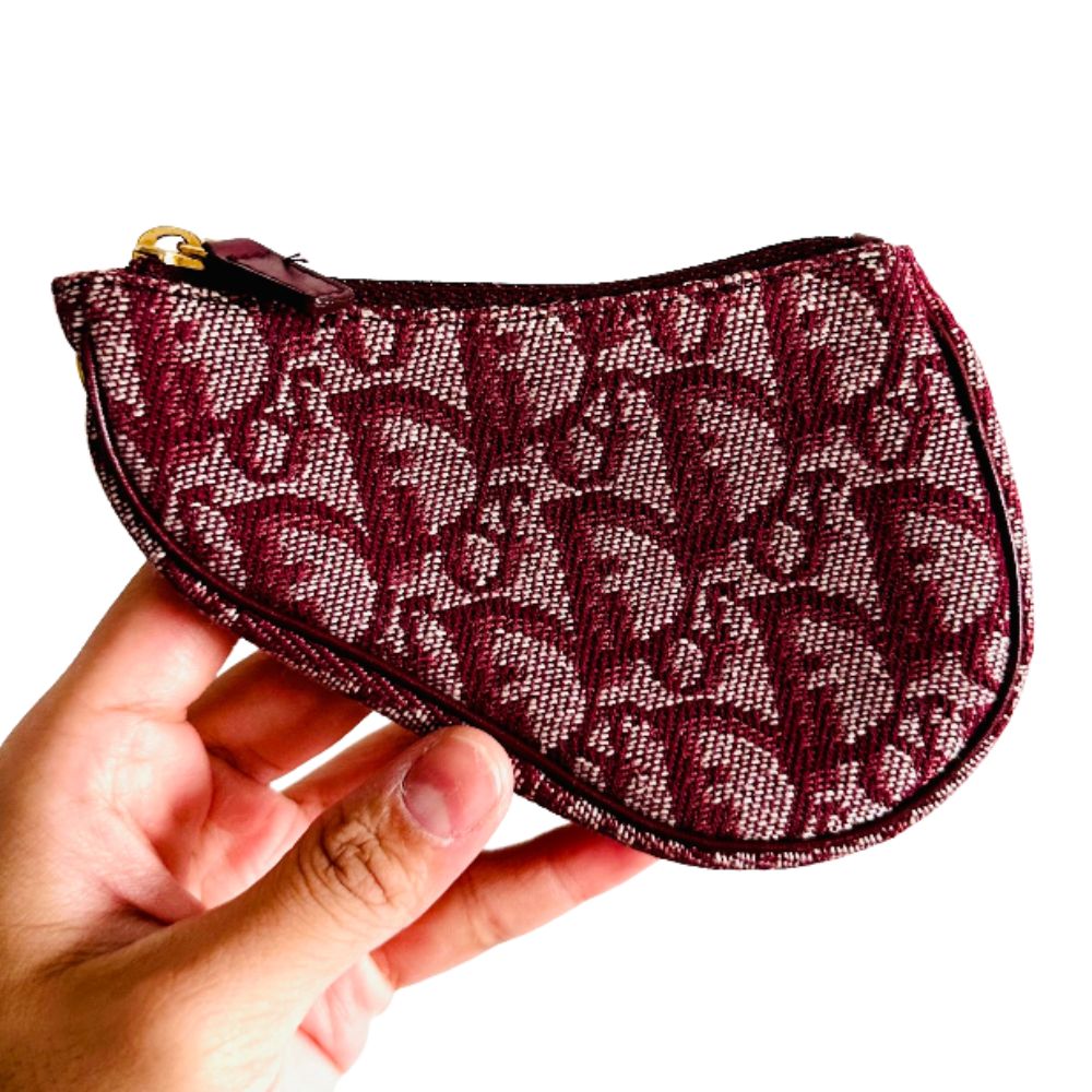 Christian Dior CD Saddle Maroon GHW Oblique Monogram Logo Zip Compact Wallet Pouch Case