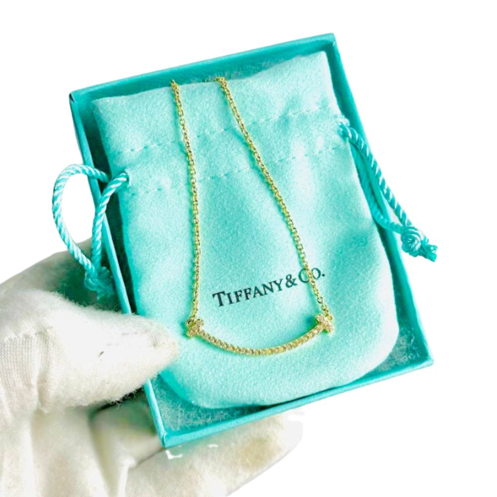 Tiffany & Co T&C T Wire Smile Pendant Au750 18K Yellow Gold With Diamonds Small SM Chain Necklace