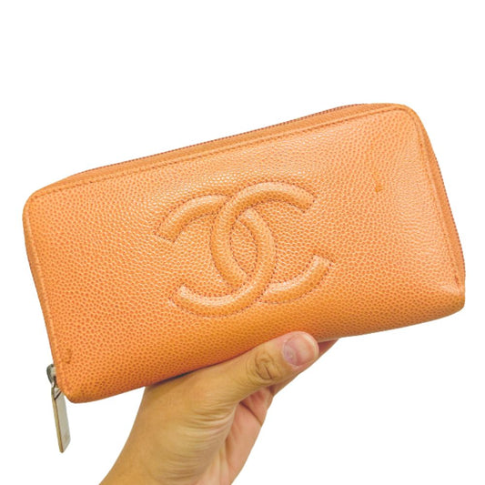 Chanel Dark Taupe Caviar Leather Giant CC Logo Zip Around Zippy Long Wallet 17s