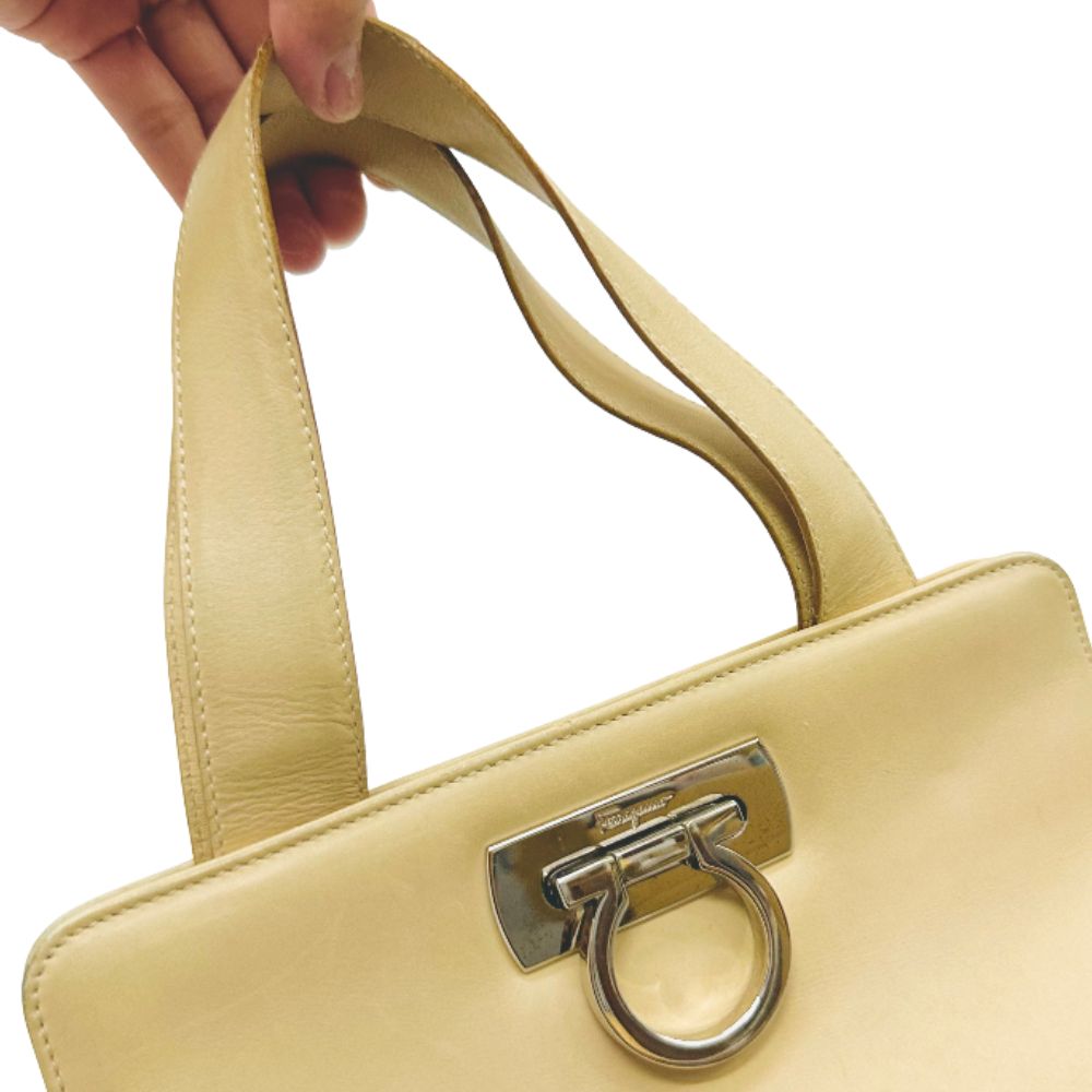 Salvatore Ferragamo Beige Gancini Monogram Logo Flap Shoulder Tote Top Handle Bag