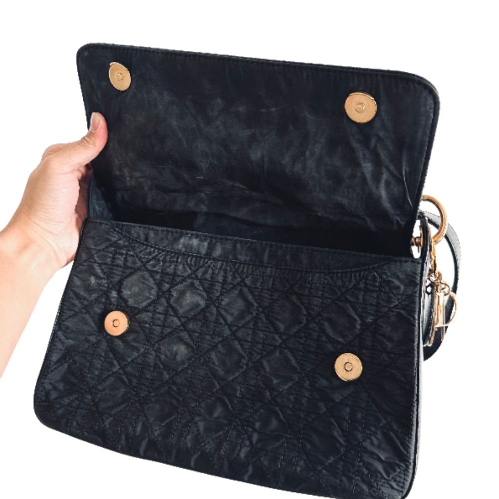 Christian Dior CD Black GHW Lady Dior Quilted Cannage Nylon Monogram Logo Flap Shoulder Sling Bag