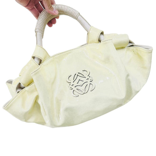 Loewe Off White Nappa Aire Patent Leather Giant Anagram Logo Monogram Small Bucket Hobo Shoulder Shopper Tote Bag