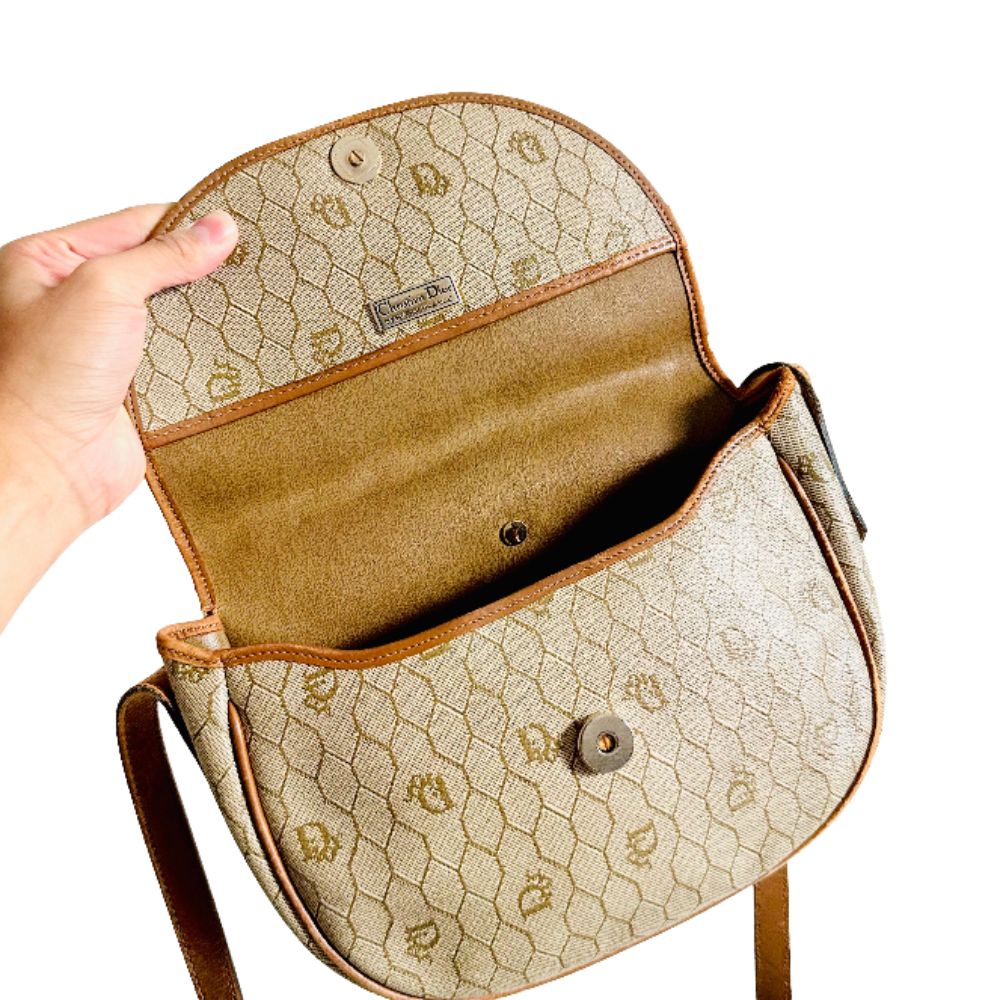 Christian Dior CD Beige / Brown Honeycomb Oblique Monogram Logo Vintage Flap Shoulder Sling Bag