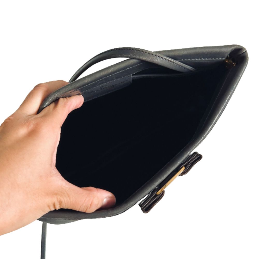 Salvatore Ferragamo Vara Bow Dark Grey GHW Monogram Logo Smooth Leather Shoulder Sling Bag