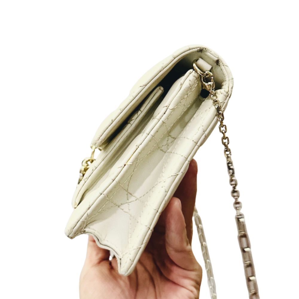 Christian Dior CD Lady My Dior Daily Chain Pouch Latte White GHW Monogram Logo Cannage Quilted Lambskin Shoulder Sling Flap Bag