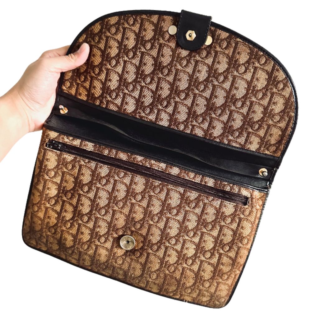 Christian Dior CD Brown Oblique Monogram Logo Vintage Flap Clutch Pouch Case