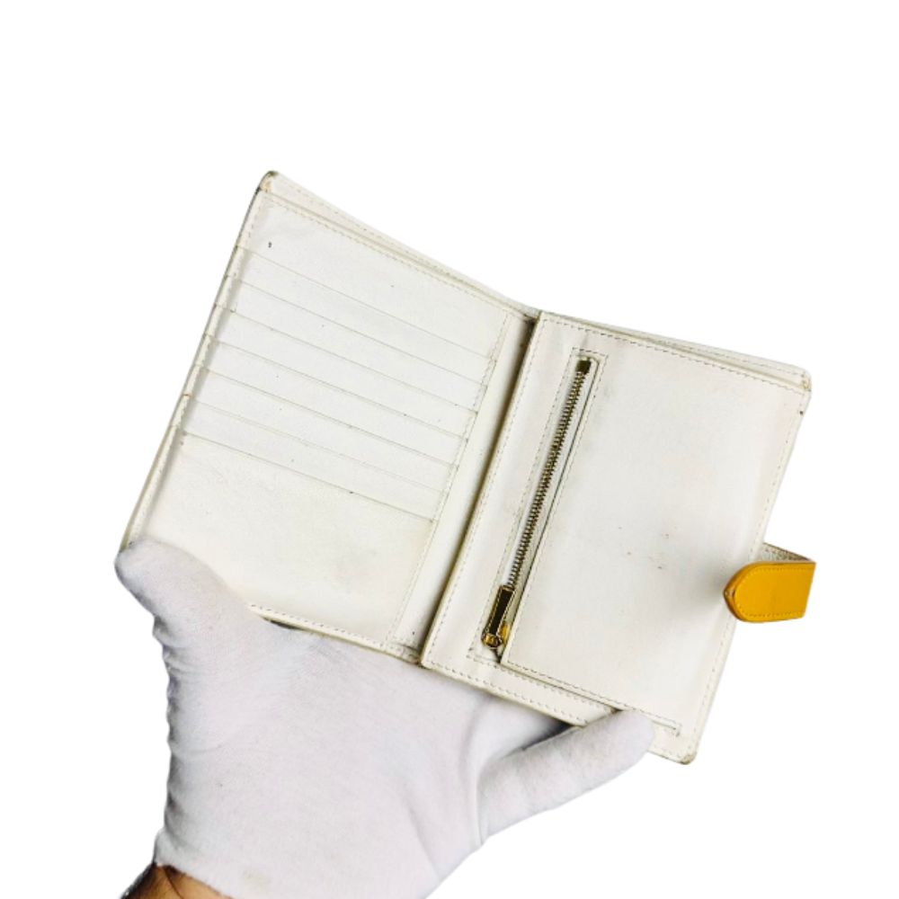 Celine White / Tan GHW Grained Calfskin Leather Logo Medium Strap Compact Bifold Wallet