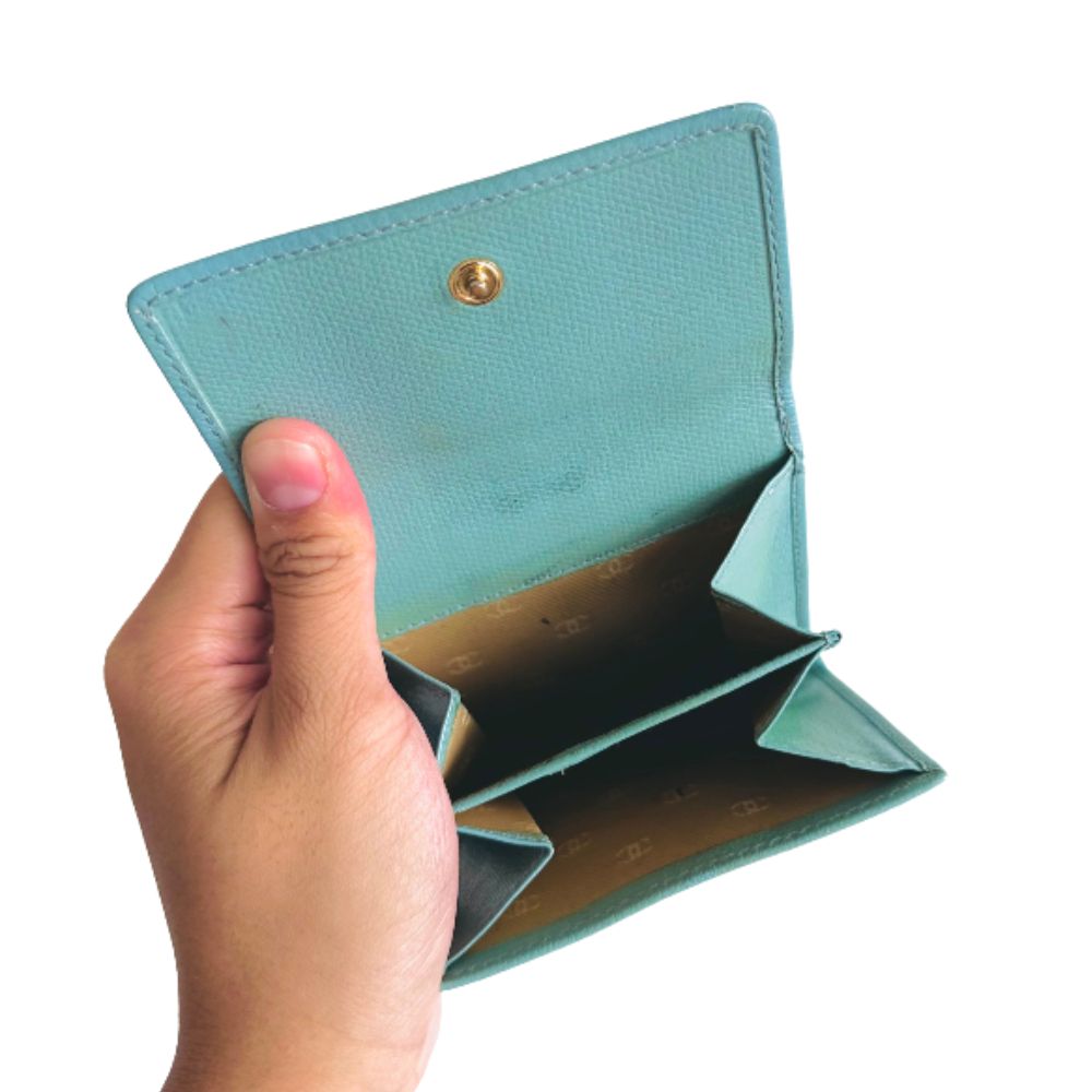 Chanel Tiffany Blue GHW CC Logo Grained Calfskin Vintage Compact Trifold Flap Wallet 8s
