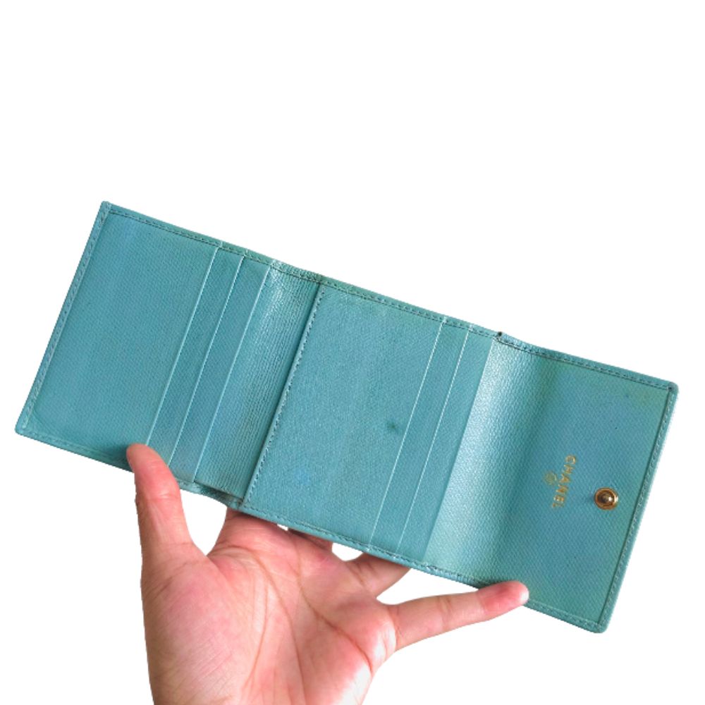 Chanel Tiffany Blue GHW CC Logo Grained Calfskin Vintage Compact Trifold Flap Wallet 8s