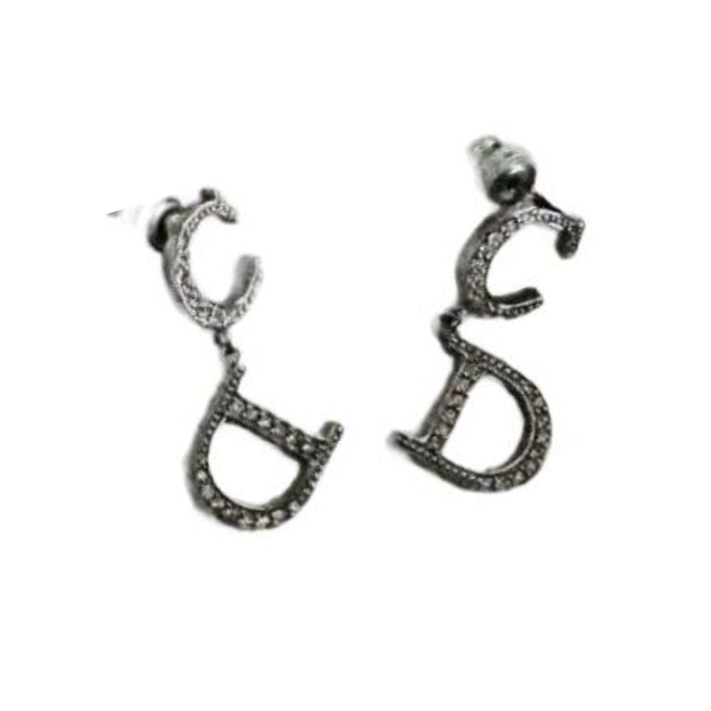 Dior Silver & Crystals Logo Dangling Stud Earrings