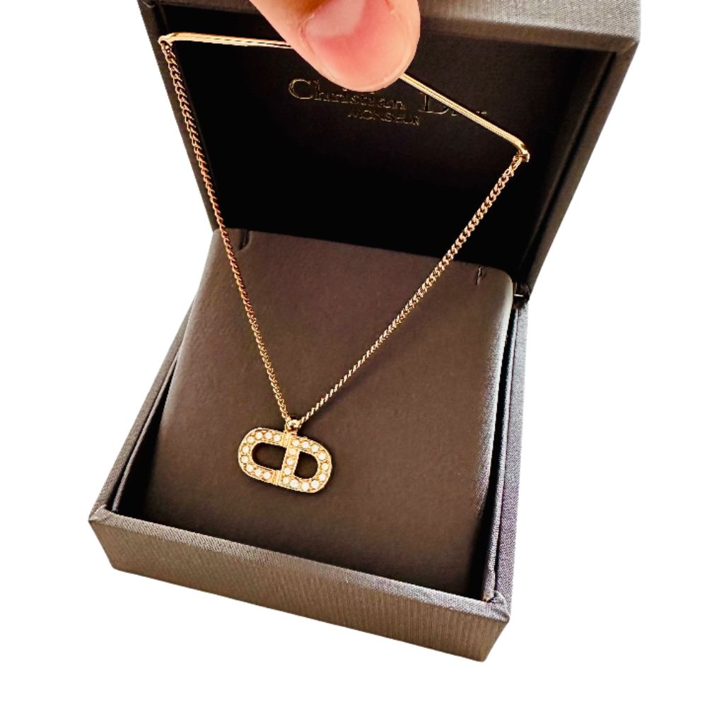 Christian Dior CD Gold Monogram Logo Signature Crystals Hanging Charm Chain