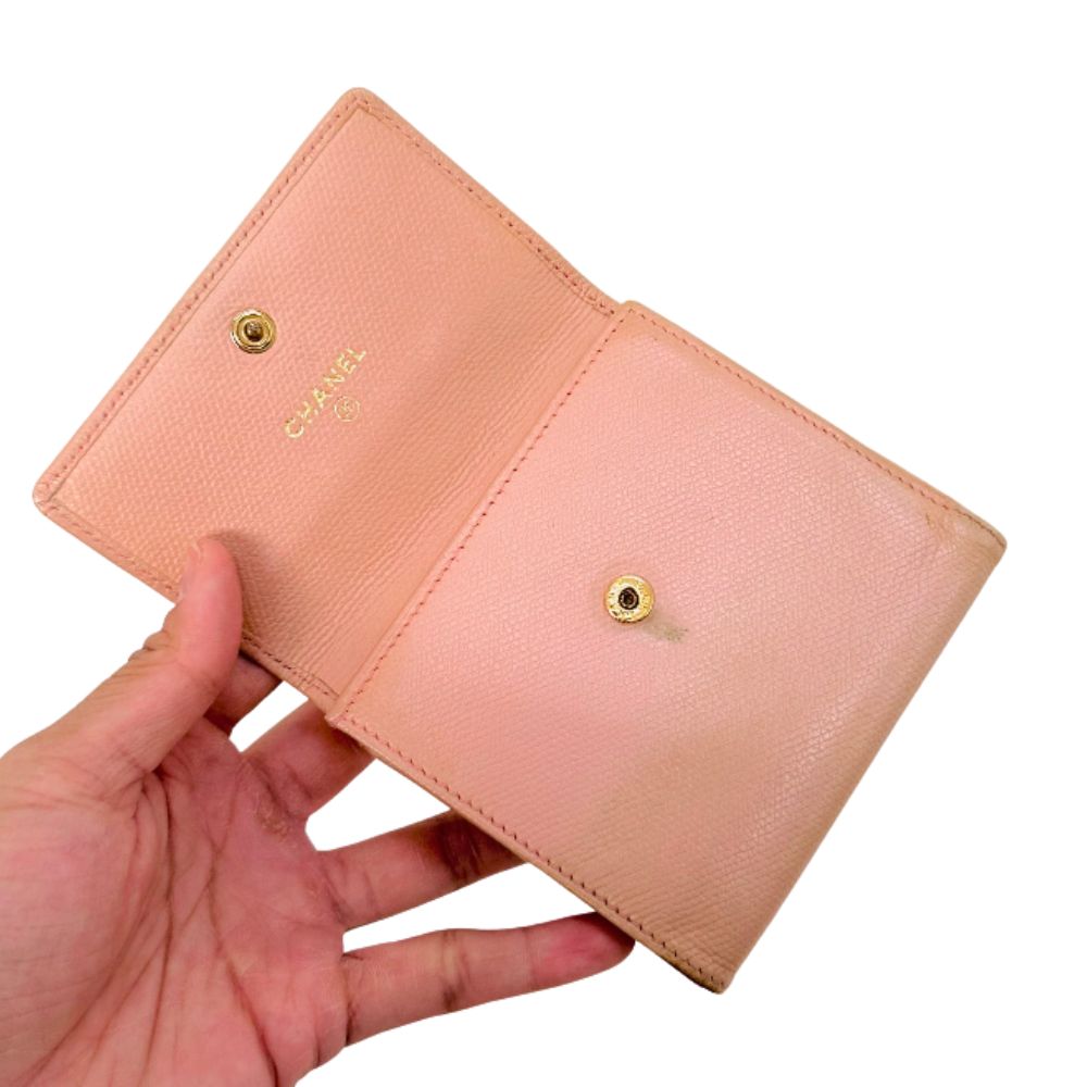 Chanel Blush Pink GHW CC Logo Grained Calfskin Vintage Compact Trifold Flap Wallet 8s
