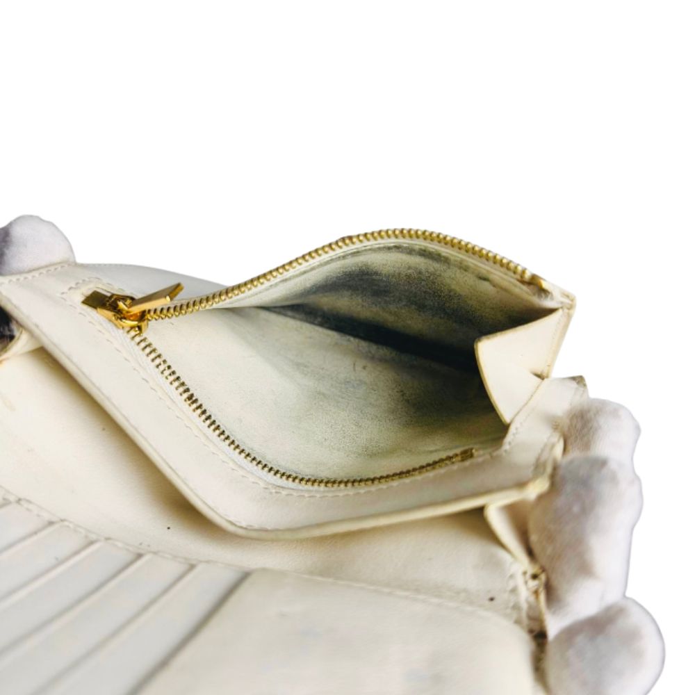 Celine White / Tan GHW Grained Calfskin Leather Logo Medium Strap Compact Bifold Wallet