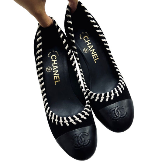 Chanel Classic Giant CC Logo Black Whipstitch Suede & Lambskin Leather Closed Toe Bow Ballet Ballerina Mules Heels Pumps Shoes