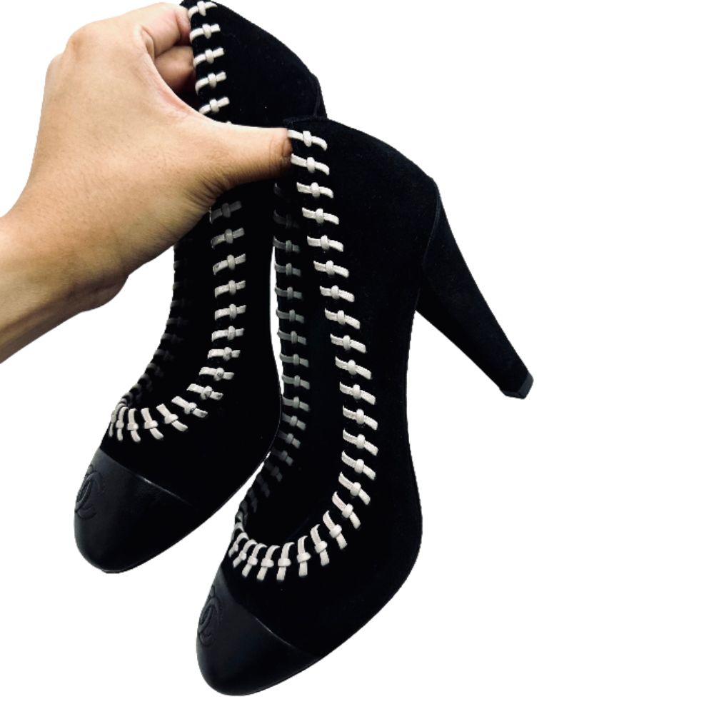 Chanel Classic Giant CC Logo Black Whipstitch Suede & Lambskin Leather Closed Toe Bow Ballet Ballerina Mules Heels Pumps Shoes