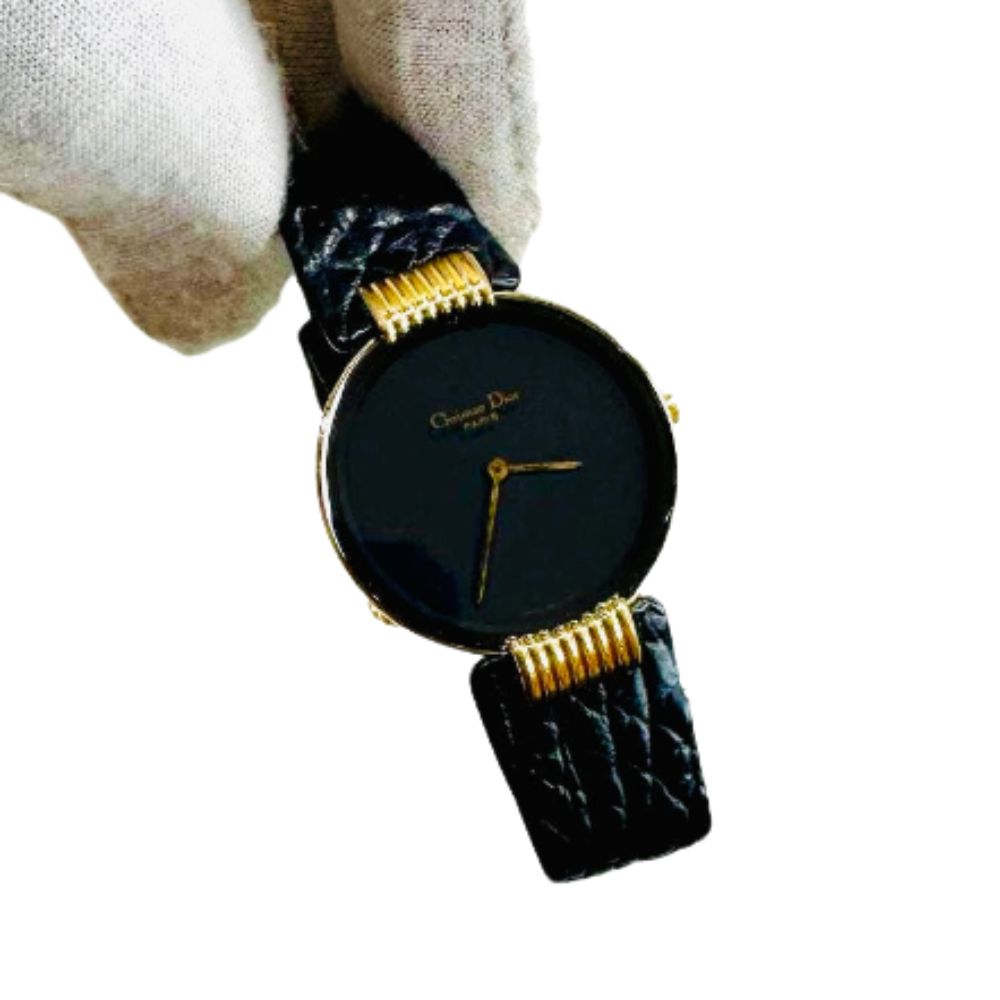 Christian Dior CD Bagira Monogram Logo GHW 26MM Black Dial Leather Strap Quartz Watch
