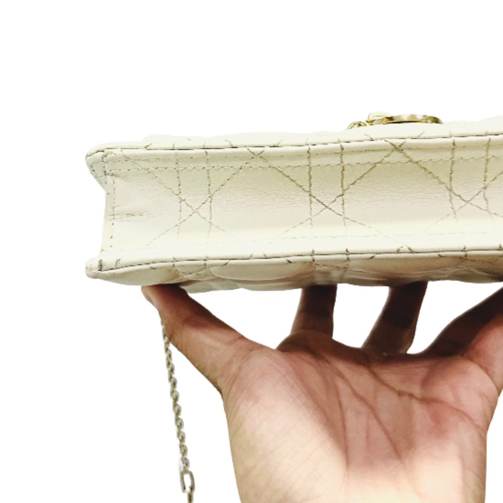 Christian Dior CD Lady My Dior Daily Chain Pouch Latte White GHW Monogram Logo Cannage Quilted Lambskin Shoulder Sling Flap Bag