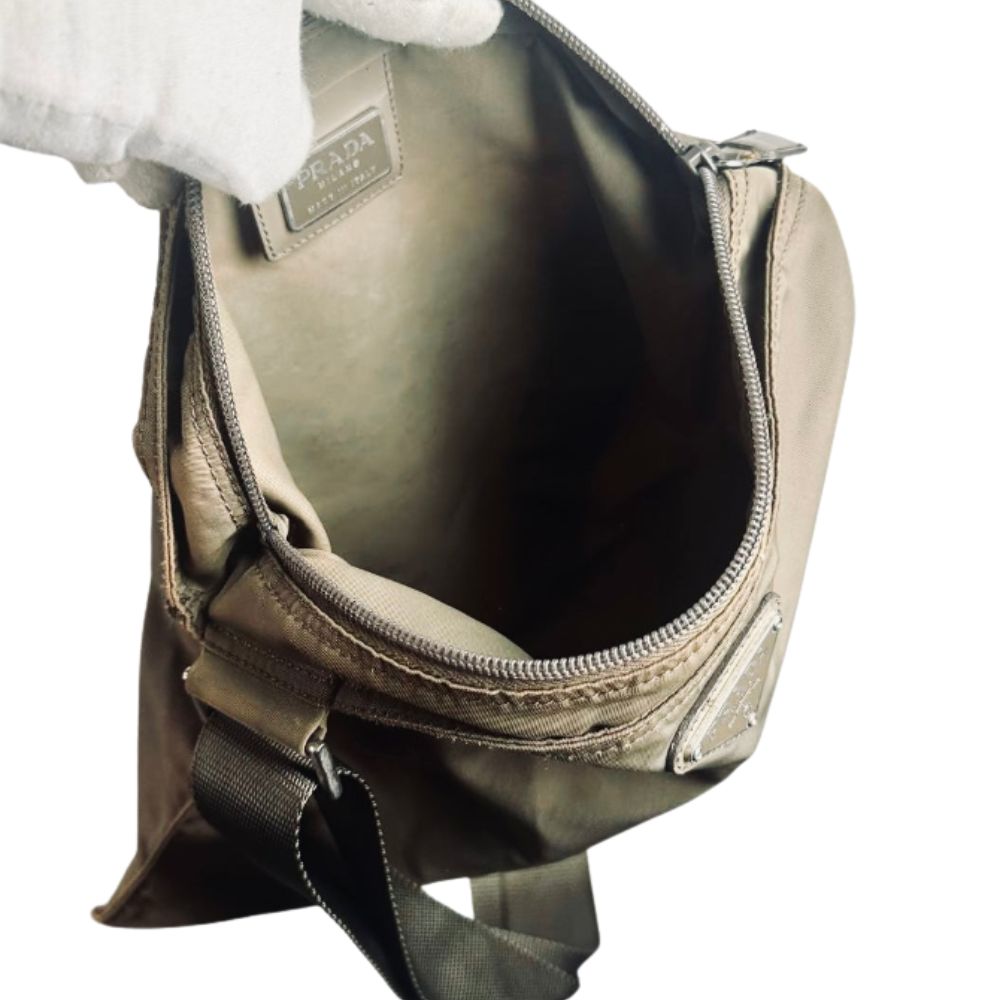 Prada Khaki Beige Monogram Logo Tessuto Nylon & Leather Shoulder Sling Bag