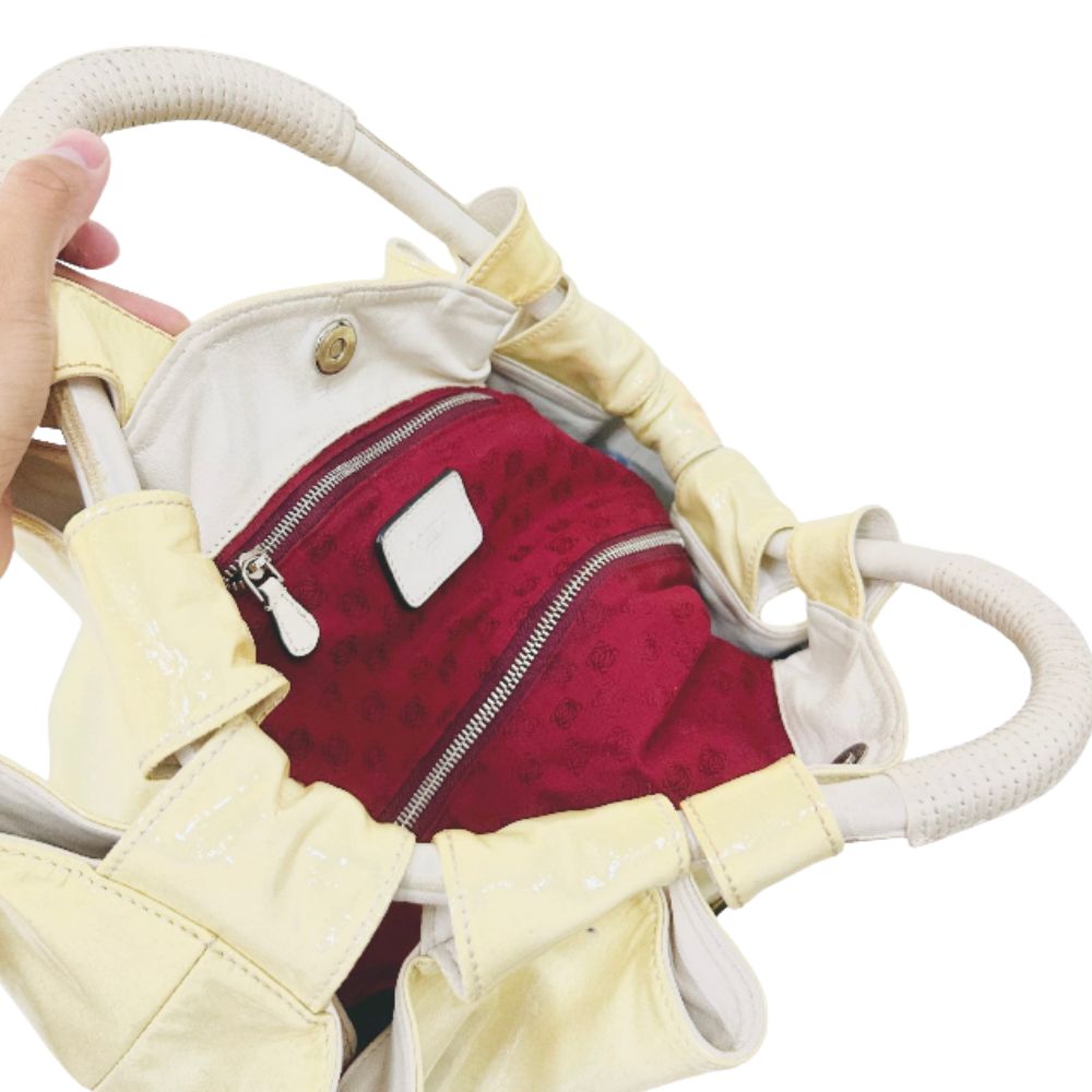 Loewe Off White Nappa Aire Patent Leather Giant Anagram Logo Monogram Small Bucket Hobo Shoulder Shopper Tote Bag
