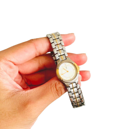 YSL Yves Saint Laurent Gold & Stainless Steel Round Circle Monogram Logo 22MM Quartz Watch