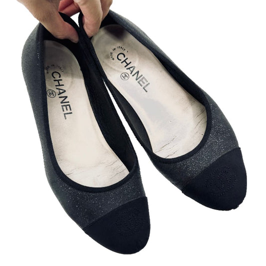 Chanel Classic Giant CC Logo Black Glitter Closed Toe Ballet Ballerina Mules Heels Pumps Shoes