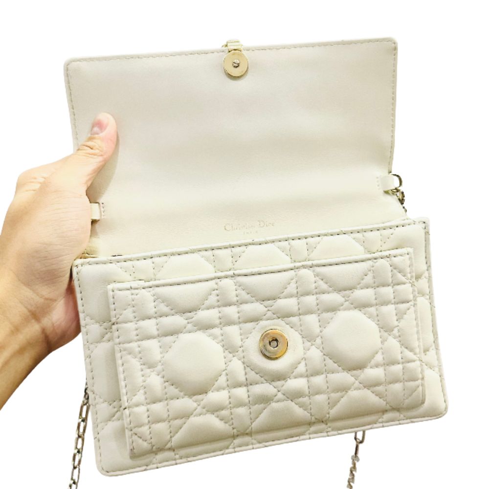 Christian Dior CD Lady My Dior Daily Chain Pouch Latte White GHW Monogram Logo Cannage Quilted Lambskin Shoulder Sling Flap Bag