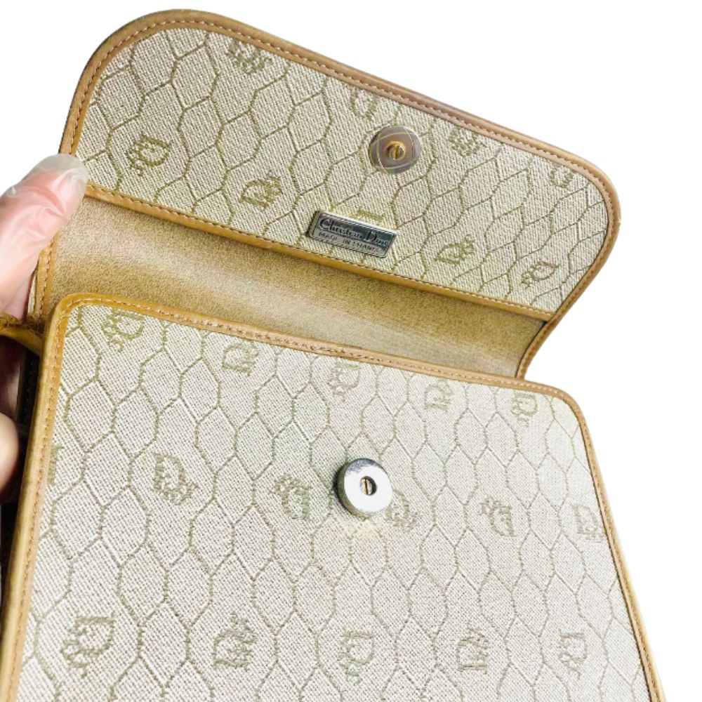 Christian Dior CD Beige Honeycomb GHW Oblique Monogram Logo Vintage Flap Shoulder Sling Bag