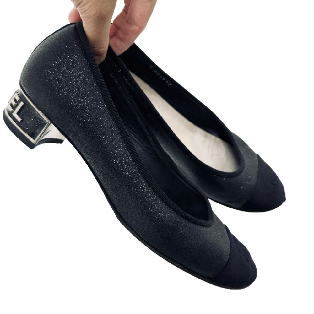 Chanel Classic Giant CC Logo Black Glitter Closed Toe Ballet Ballerina Mules Heels Pumps Shoes