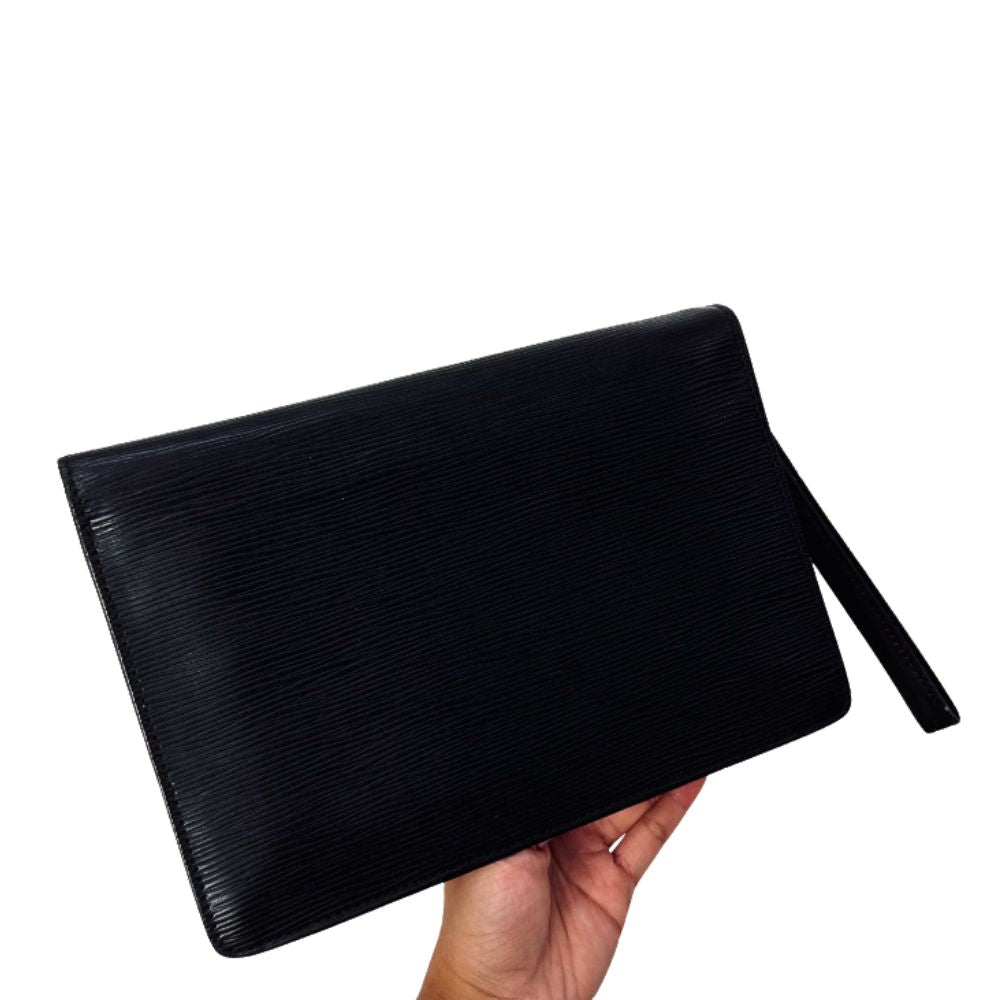Louis Vuitton LV Black GHW Monogram Logo Epi Leather Dragonne Monceau Flap Wrislet Pouch Clutch Case