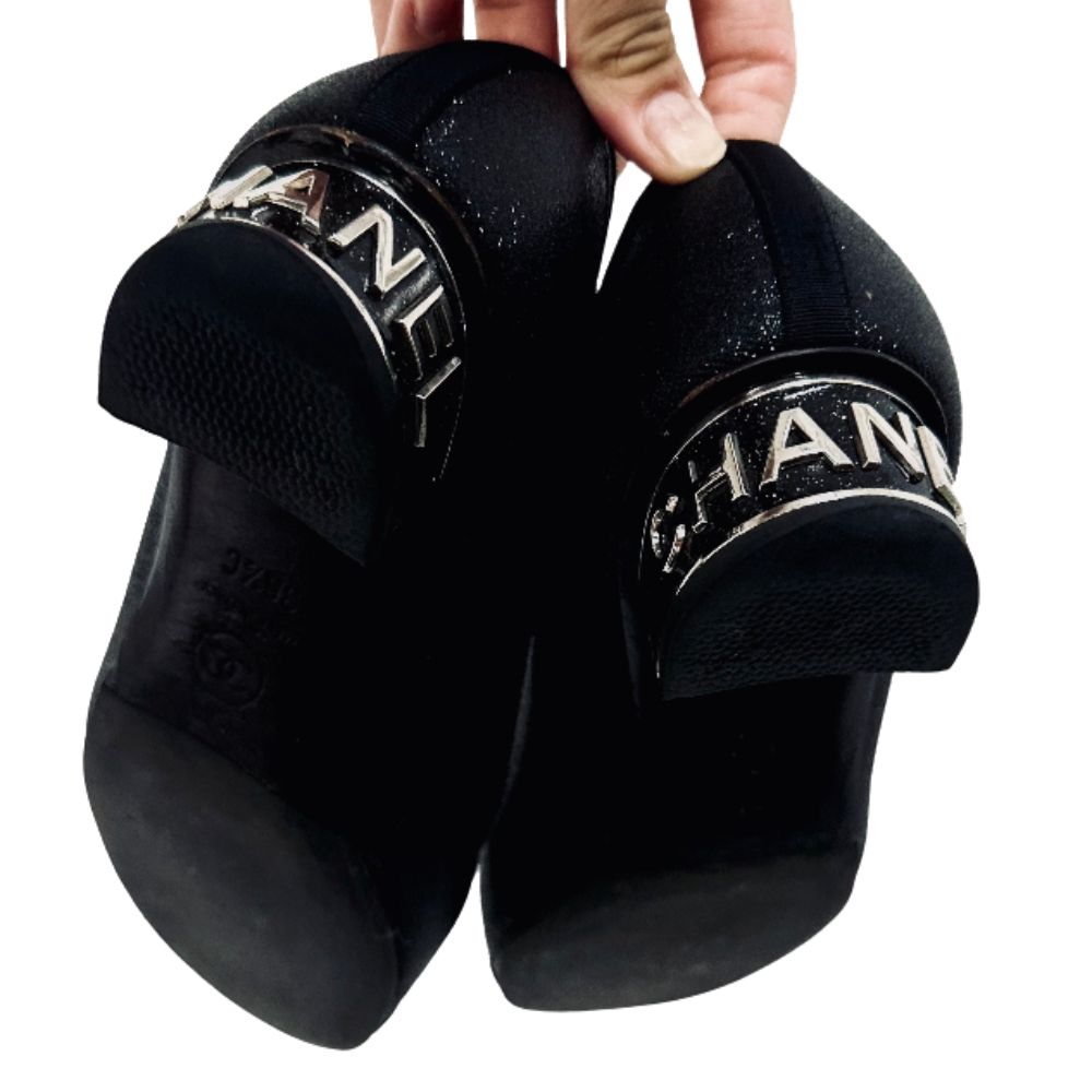 Chanel Classic Giant CC Logo Black Glitter Closed Toe Ballet Ballerina Mules Heels Pumps Shoes
