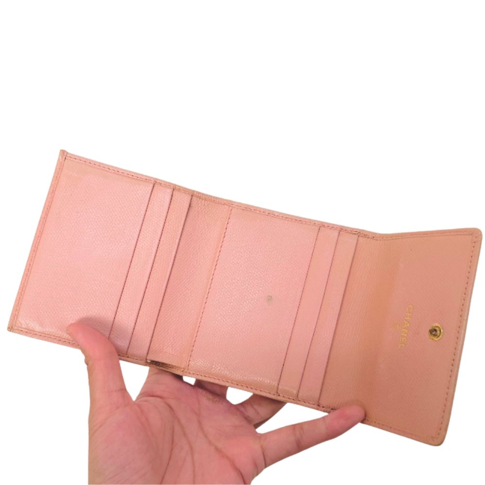 Chanel Blush Pink GHW CC Logo Grained Calfskin Vintage Compact Trifold Flap Wallet 8s