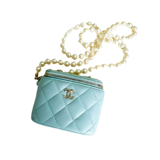 Chanel Blue Lambskin Pearl Chain Vanity Bag