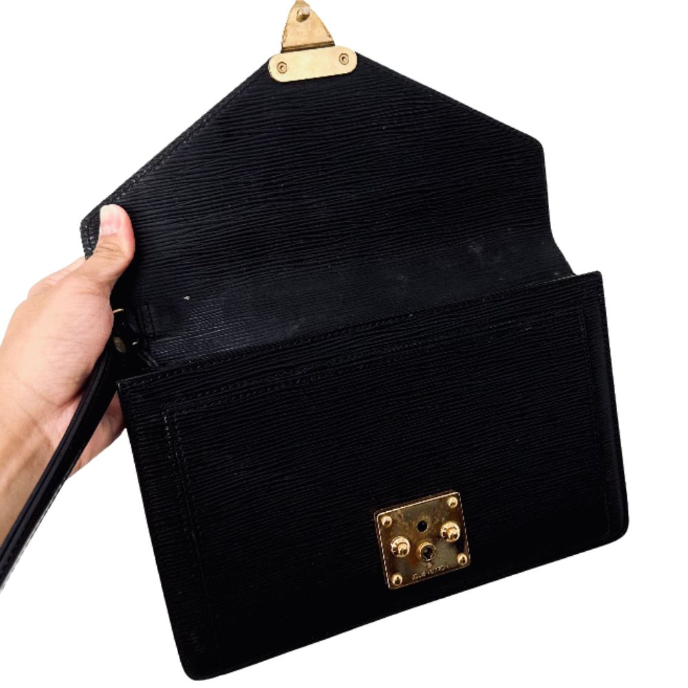 Louis Vuitton LV Black GHW Monogram Logo Epi Leather Dragonne Monceau Flap Wrislet Pouch Clutch Case