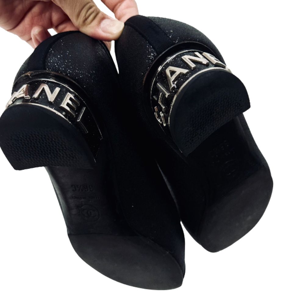 Chanel Classic Giant CC Logo Black Glitter Closed Toe Ballet Ballerina Mules Heels Pumps Shoes