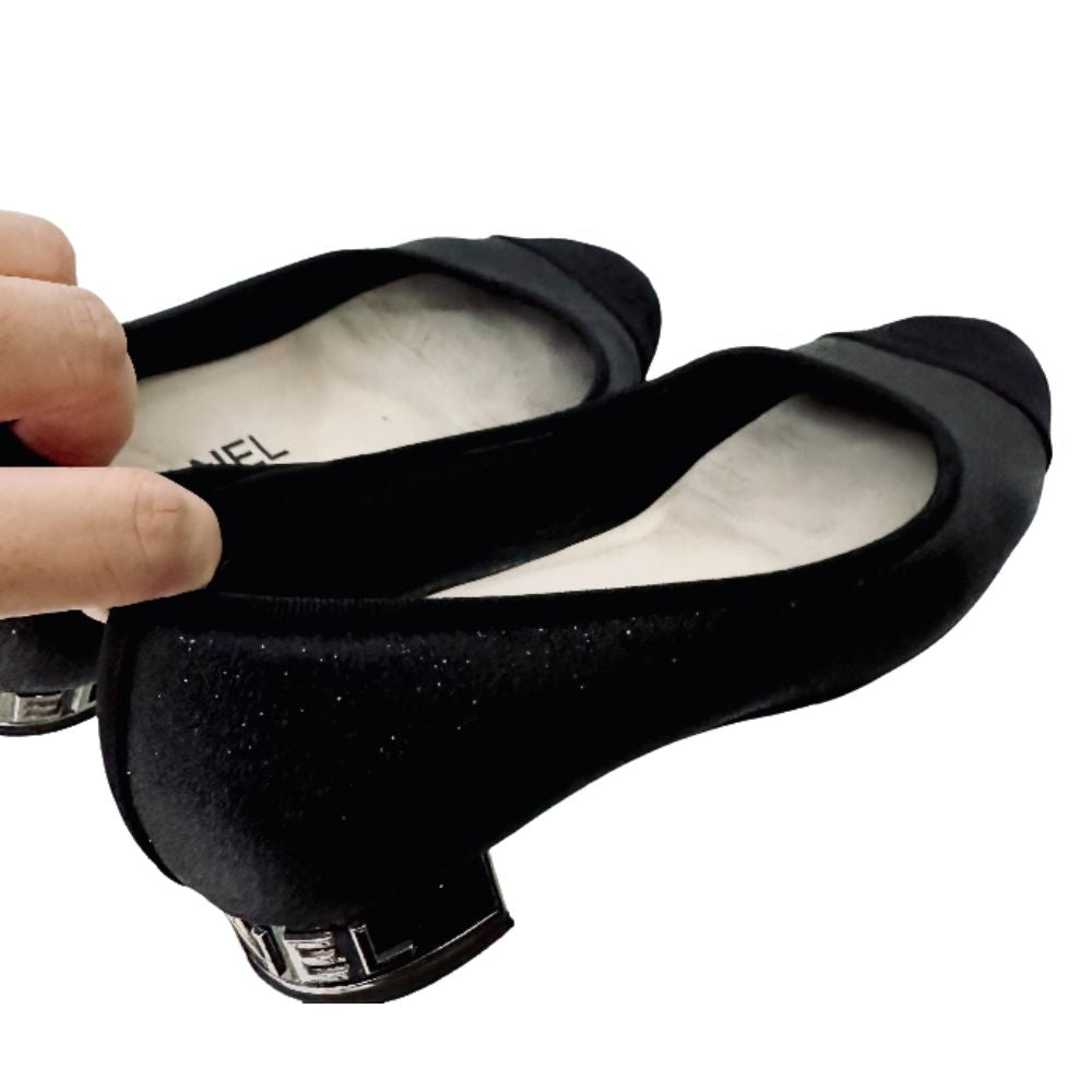 Chanel Classic Giant CC Logo Black Glitter Closed Toe Ballet Ballerina Mules Heels Pumps Shoes
