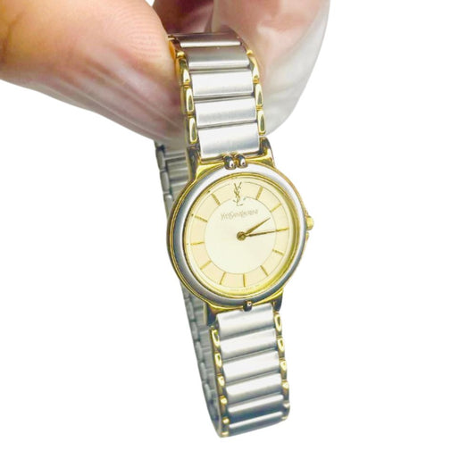 YSL Yves Saint Laurent Gold & Stainless Steel Round Circle Monogram Logo 25MM Quartz Watch
