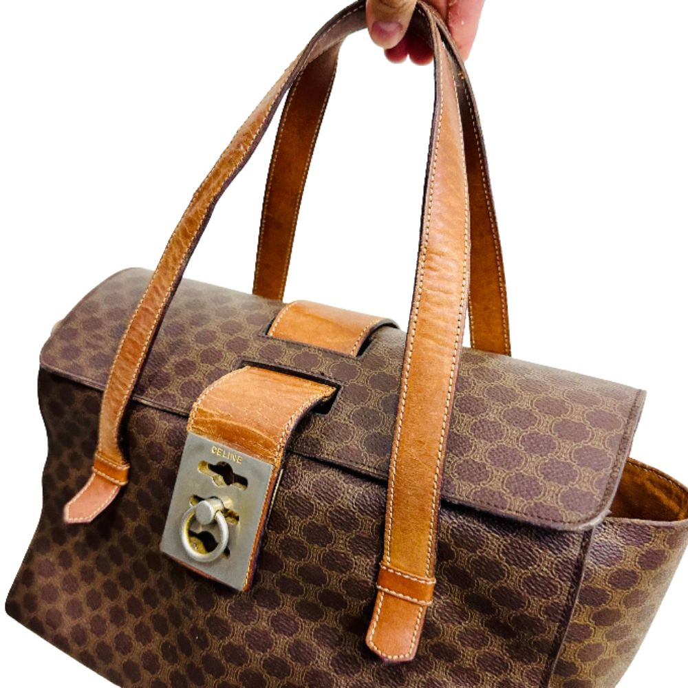 Celine Triomphe Macadam Monogram Logo GHW Turnlock Flap Vintage Shoulder Shopper Tote Bag