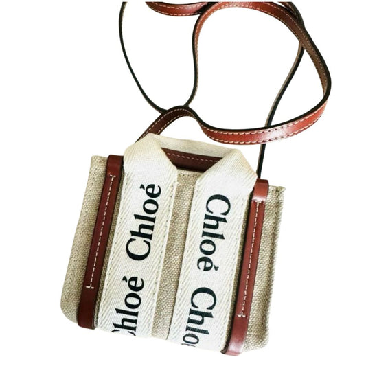 Chloe Woody Nano Tote Bag in Linen Canvas & Shiny Calfskin