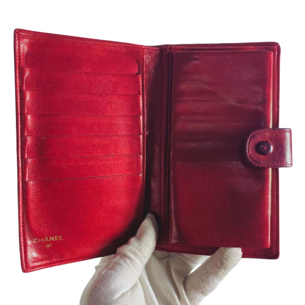 Chanel Red GHW Giant CC Logo Lambskin Leather Vintage Long Flap Bifold Wallet