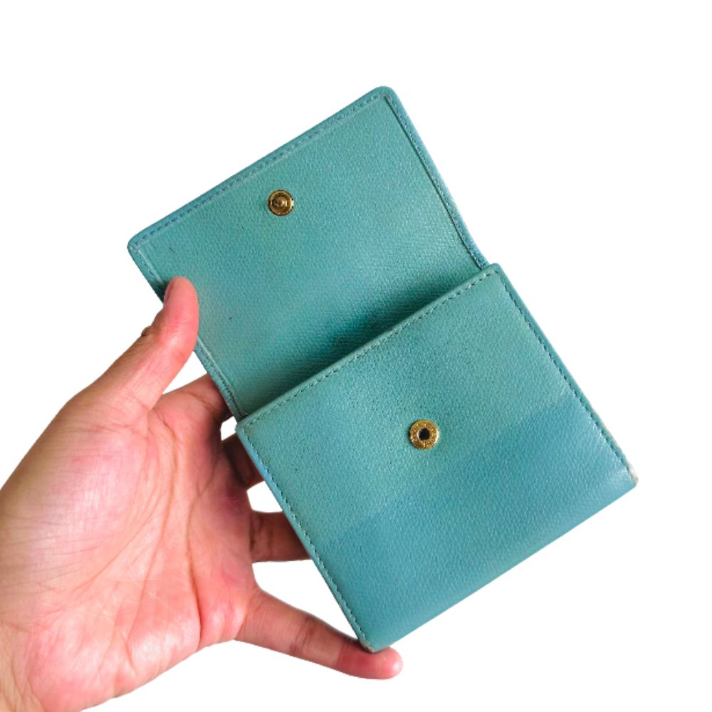 Chanel Tiffany Blue GHW CC Logo Grained Calfskin Vintage Compact Trifold Flap Wallet 8s